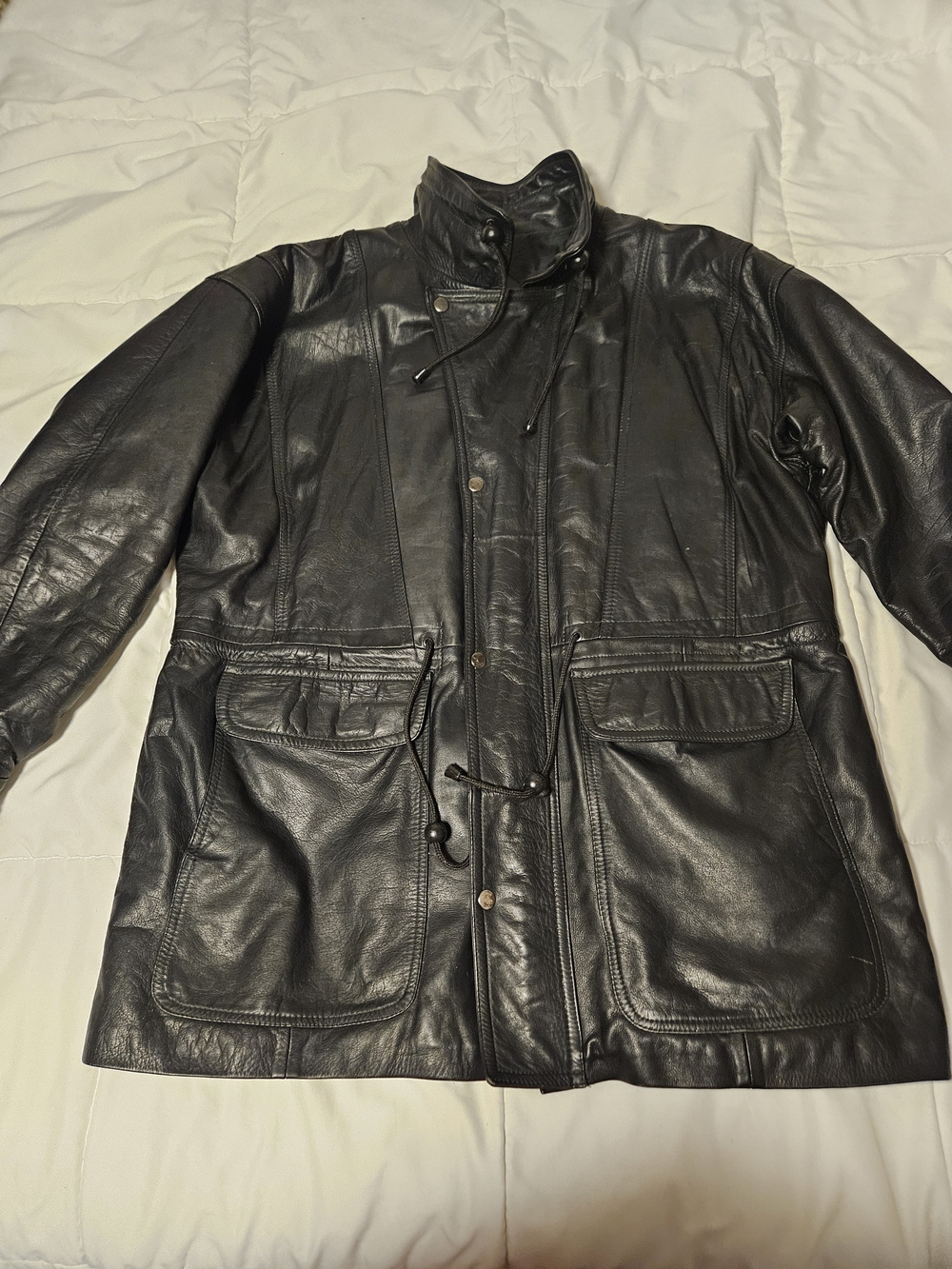 Vintage Leather Jacket Long Parka Mens L Full Zip Soft Pockets Heavy Echtes 90s